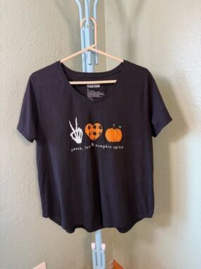 Together Black Tee with White Skeleton Hand, Orange Plaid Heart & Orange Pumpkin